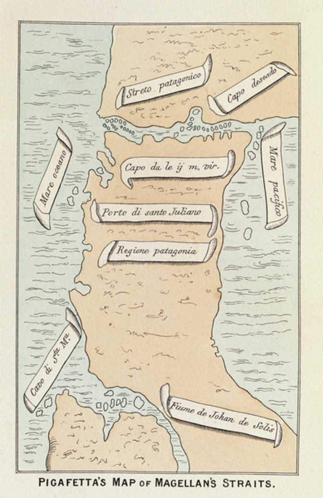 Detail of Patagonia and Tierra del Fuego showing the strait that will later take the navigator's name, from Ferdinand Magellan's 'Voyage Around the World' by Antonio Pigafetta