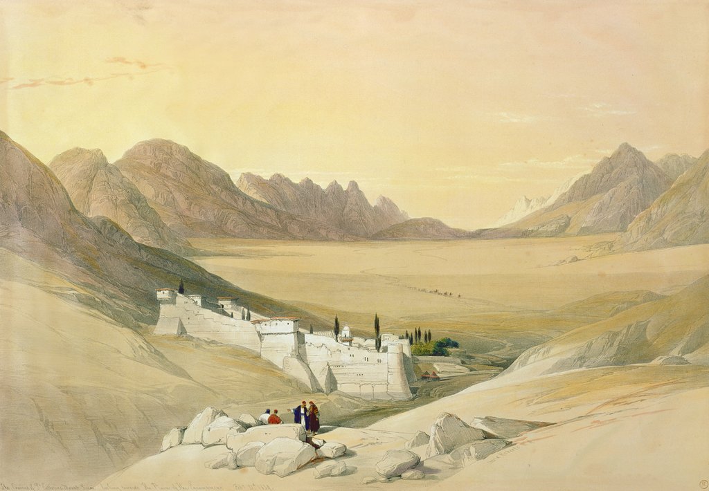 Detail of The Convent of St. Catherine, Mount Sinai, looking towards the Plain of the Encampment, February 21st 1839 by David (after) Roberts