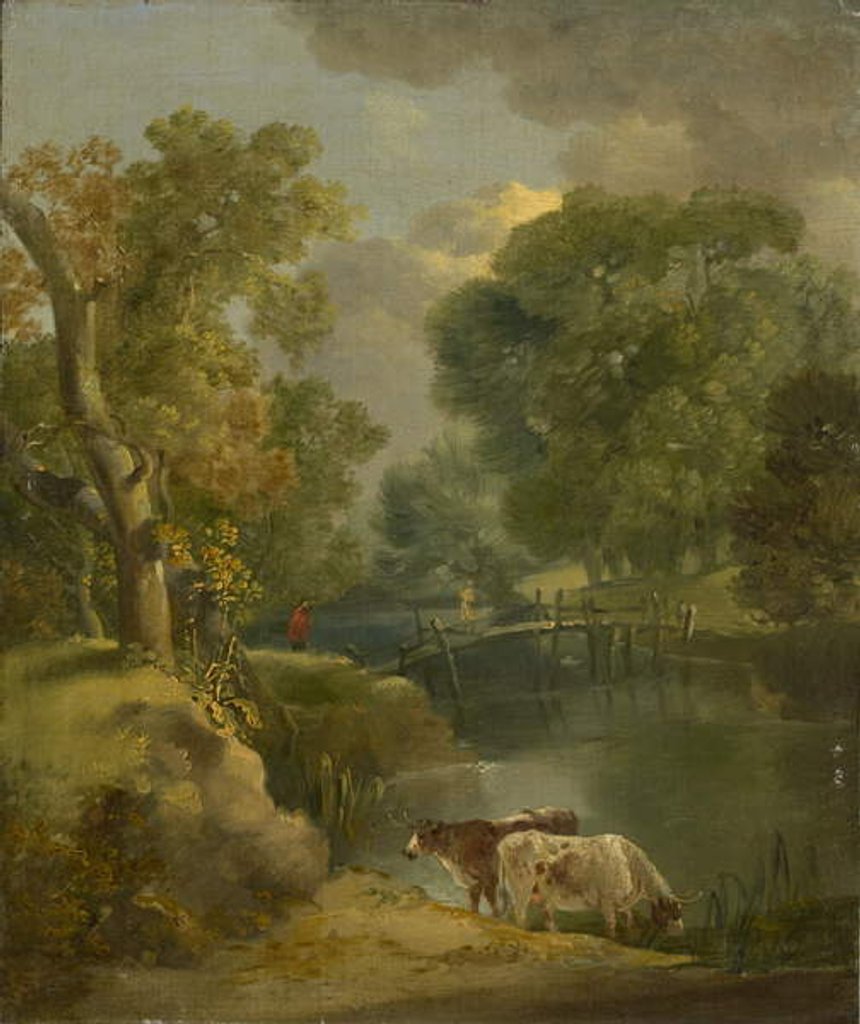 Detail of A River Landscape with Two Cows and a Figure on a Bridge, 18th century by Thomas (style of) Gainsborough