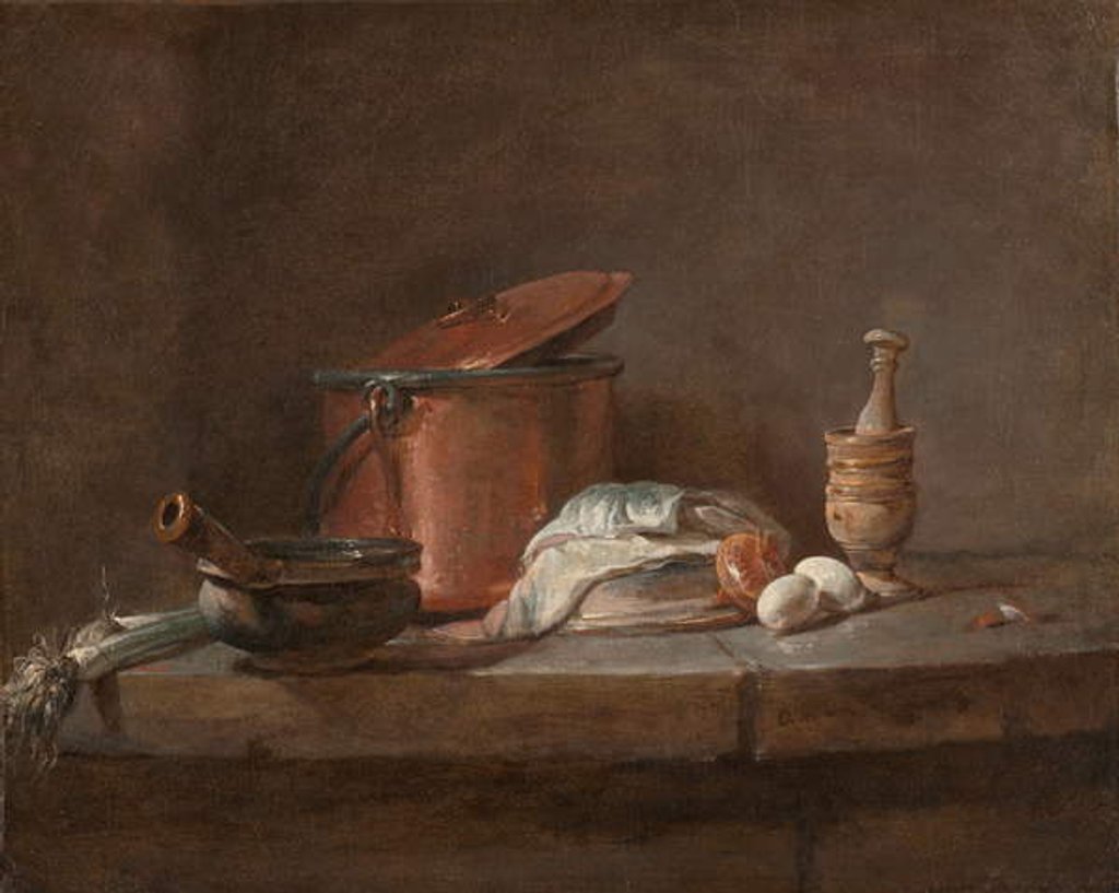 Detail of Kitchen Utensils with Leeks, Fish, and Eggs, c.1734 by Jean-Baptiste Simeon Chardin
