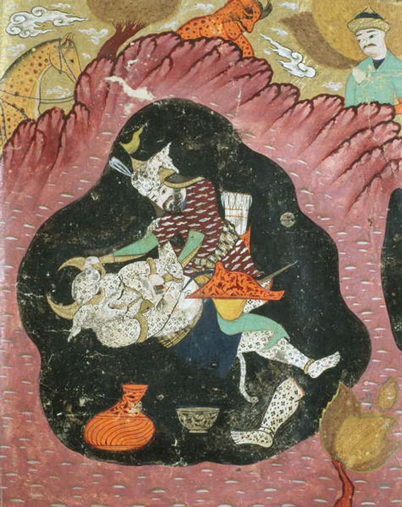 Detail of Rostam killing the White Demon in a cave by Persian School
