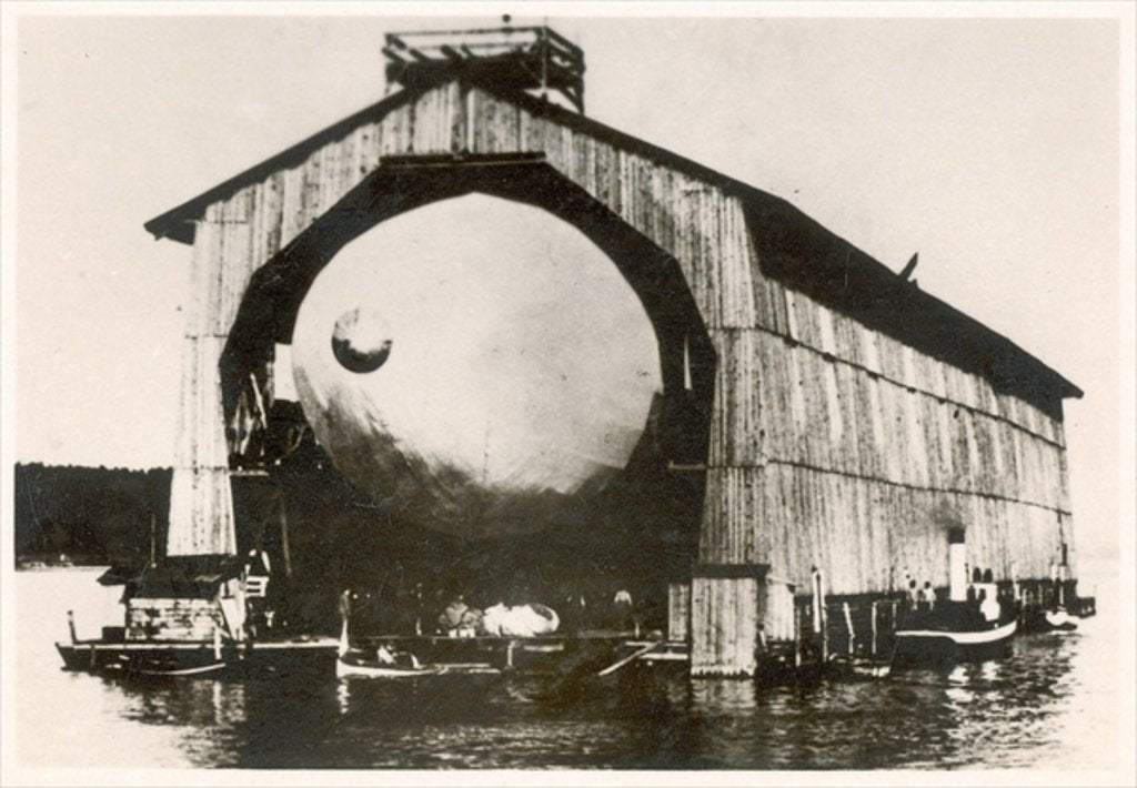 Detail of The prototype airship Zeppelin LZ1 in floating hangar in the Bay of Manzell, Lake Constance, Friedrichshafen, 1900 by German Photographer