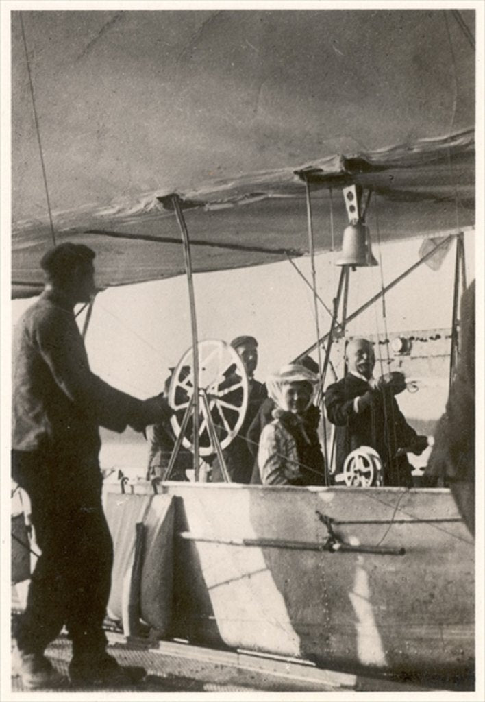 Detail of Count Ferdinand von Zeppelin with his daughter and engineer Ludwig Duerr in the gondola of the Zeppelin LZ3, Friedrichshafen, 26 September 1907 by German Photographer