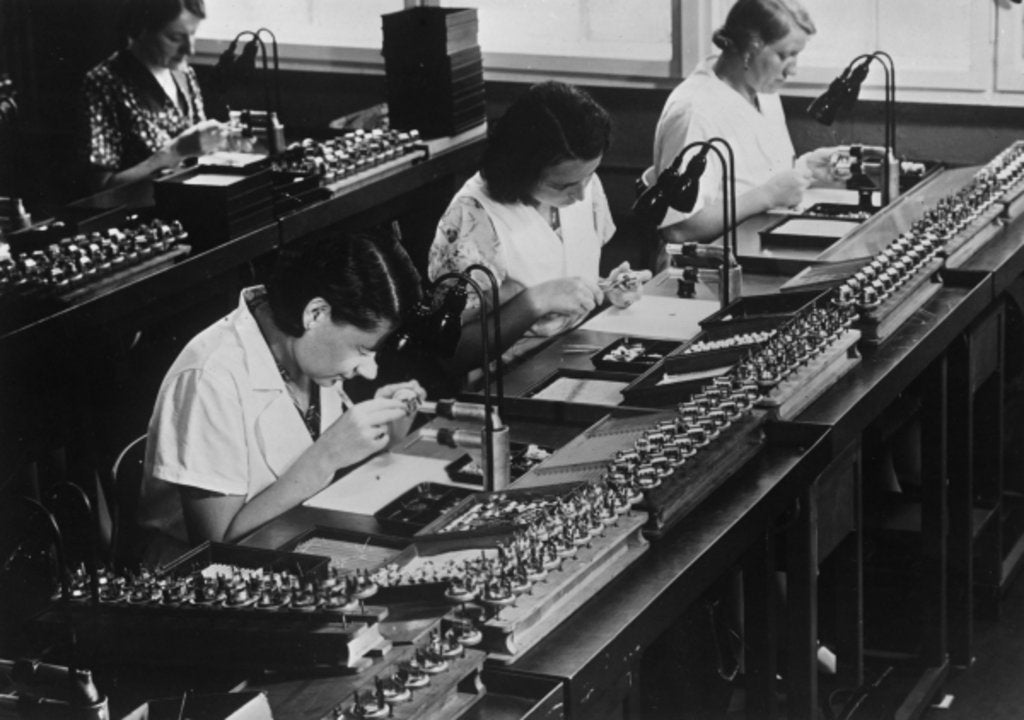 Detail of Assembly line for television broadcasting equipment at the Telefunken manufacturing plant, Berlin, c.1935 by German Photographer