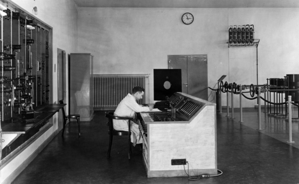 Detail of Control desk of a transmission facility in Hamburg, c.1934, by German Photographer