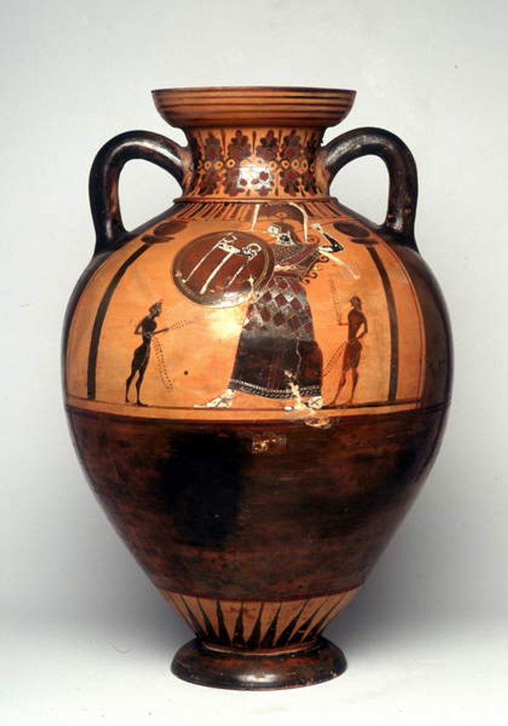 Detail of Black figure vase depicting Athena brandising a shield and spear, 550 BC by Greek school