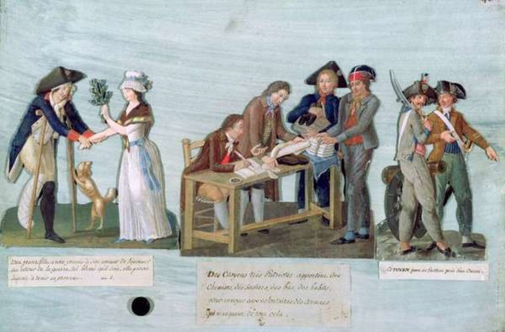 Detail of A Woman Promising to Marry her Wounded Suitor after the War, Patriotic Citizens Donating their Clothes to the Fighting Volunteers and Guards near their cannon, c.1792 by Lesueur Brothers