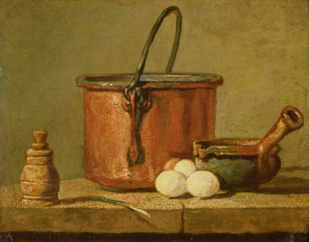 Detail of Still Life of Cooking Utensils, Cauldron, Frying Pan and Eggs by Jean-Baptiste Simeon Chardin
