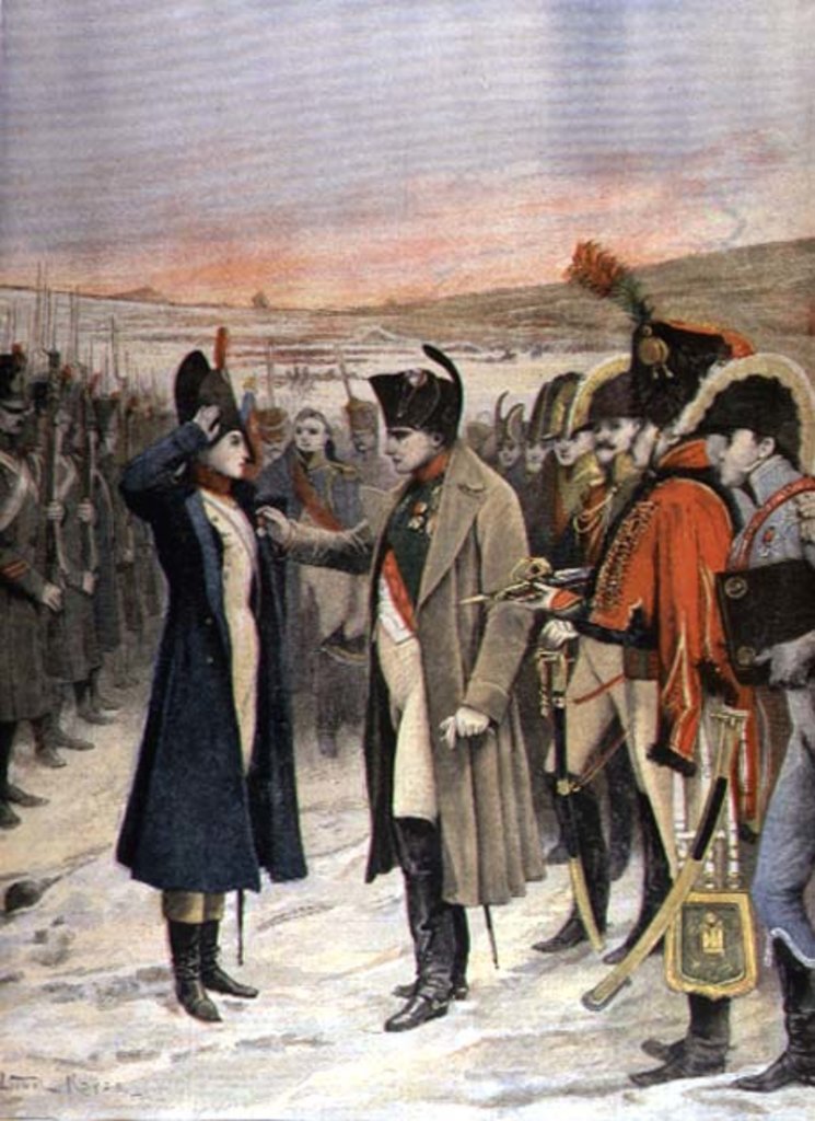 Detail of Napoleon Bonaparte presenting the female officer, Marie Schellinck with a medal on the battlefield by Lionel Noel Royer