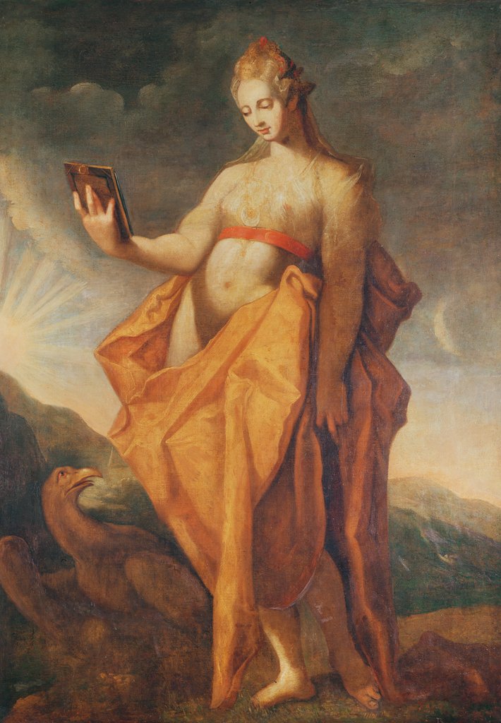 Detail of Leto, pregnant with the twins Artemis and Apollo, with the eagle of Zeus at her feet by Hendrik Goltzius