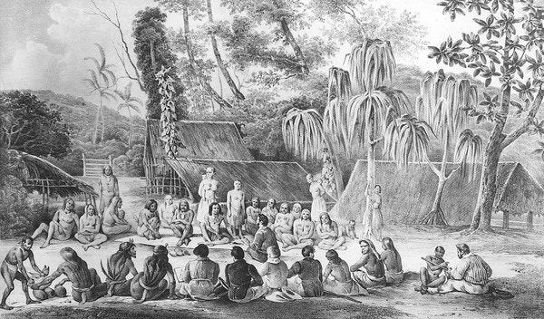 Detail of The chiefs of Tikopia received the officers of the Astrolabe by French School