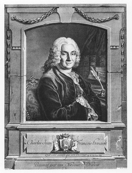 Detail of Portrait of Charles Jean François Hénault by Pierre Etienne Moitte