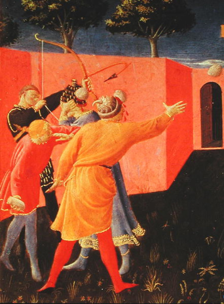 Detail of The Crucifixion and Stoning of SS. Cosmas and Damian, detail of their tormentors, predella from the Annalena Altarpiece, 1434 by Fra Angelico