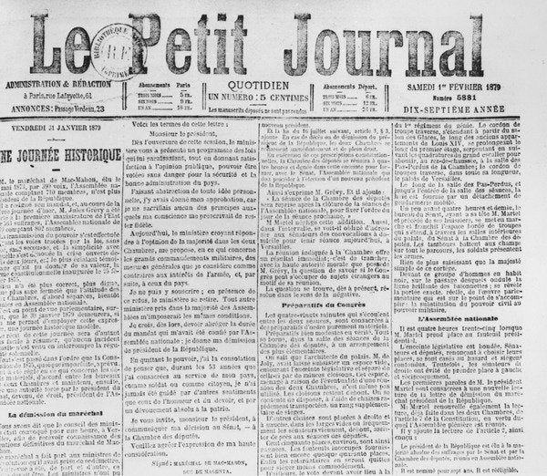 Detail of Front page of 'Le Petit Journal', telling of the resignation of Patrice de MacMahon, 1 February 1879 by French School