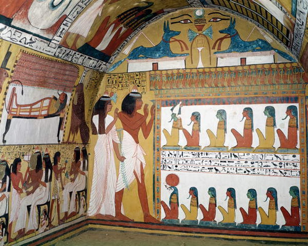 Detail of Sennedjem and his wife facing a naos containing twelve divinities by Egyptian 19th Dynasty