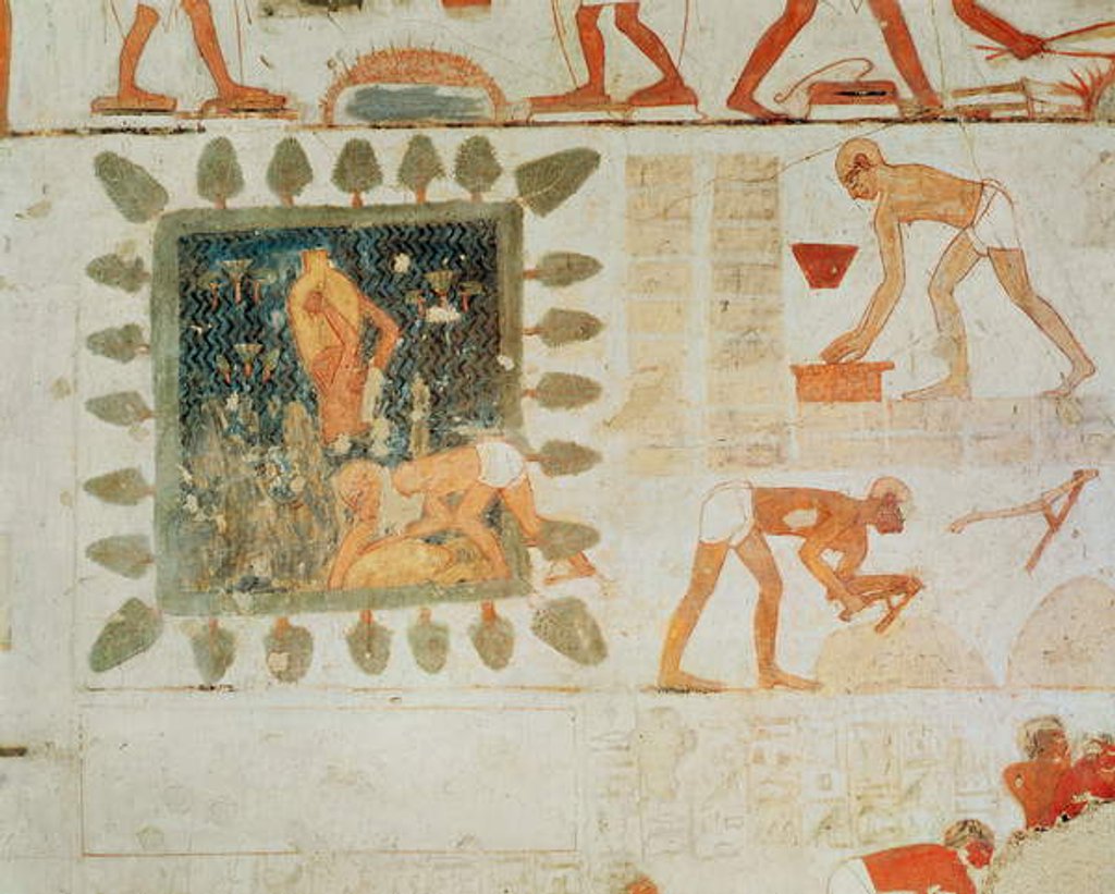 Detail of Wall painting depicting two men collecting water from a square lake surrounded by trees and slaves making bricks by Egyptian 18th Dynasty