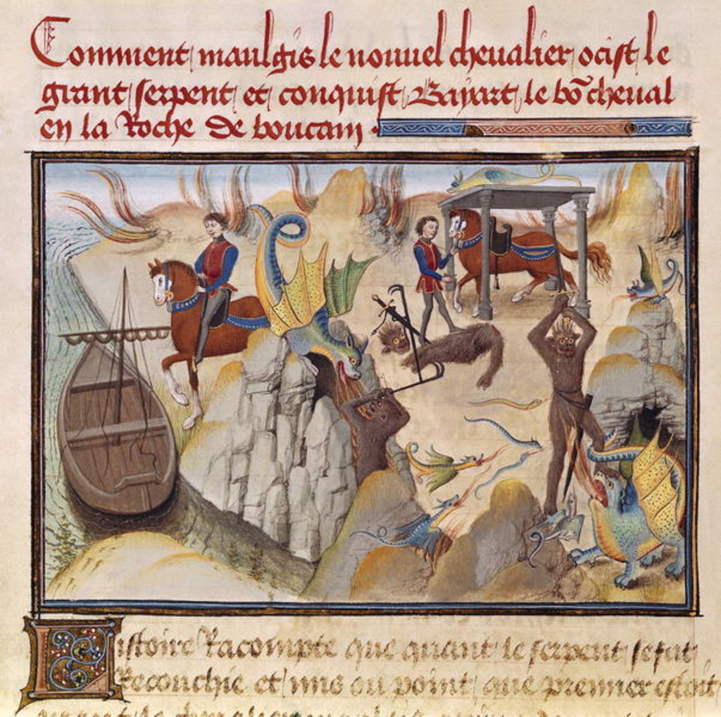 Detail of Ms 5072 fol.37v Maugis Fighting the Serpent and Gaining the Enchanted Horse, Bayard by Loyset Liedet