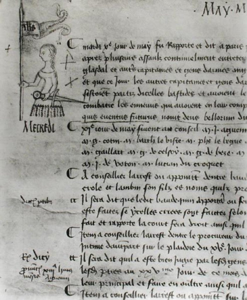 Detail of Page from 'The Register of the Council of the Parliament of Paris' depicting Joan of Arc, 10th May 1429 by French School