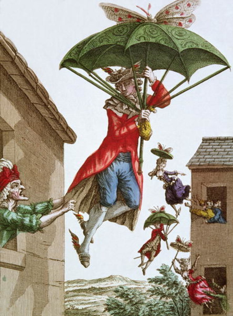 Detail of Held Aloft by Umbrellas and Butterflies, Men and Women Fly Out of Windows by French School