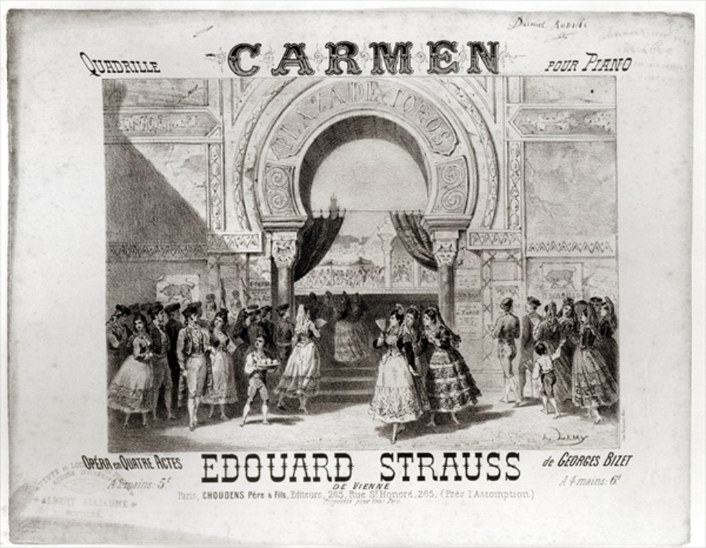 Detail of Cover of the score of piano quadrille from 'Carmen' by Edouard Strauss by A. Lamy