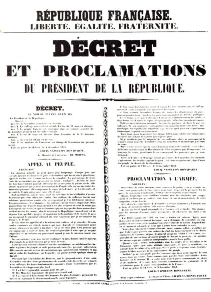 Detail of Decree and Proclamation by Louis Napoleon Bonaparte III, President of the Republic, 2nd December 1851 by French School