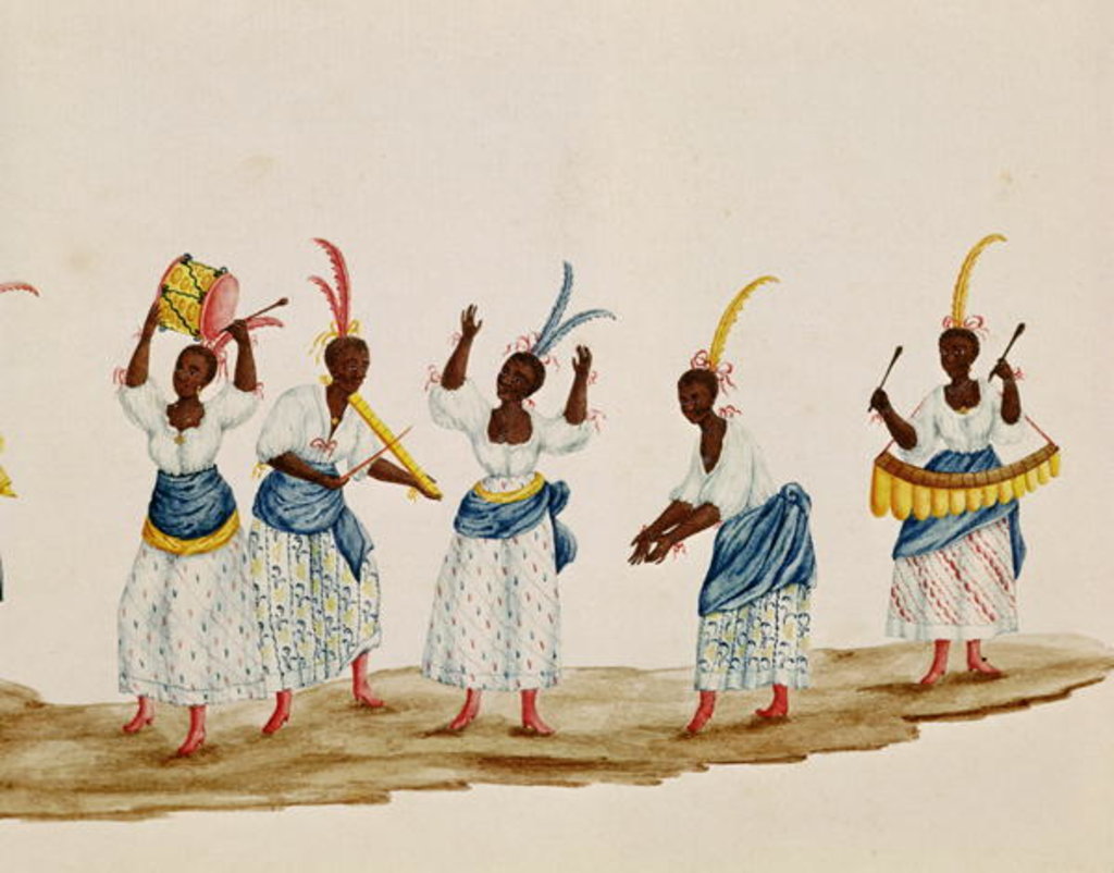 Detail of Queen and her Suite, detail depicting dancers and musicians by Carlos Juliao