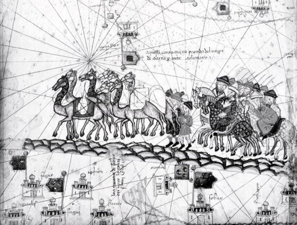 Detail of The family of Marco Polo traveling by camel caravan, c.1375 by Abraham & Cresques Jehuda Cresques