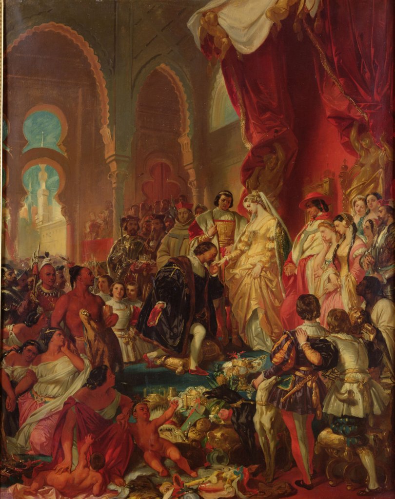 Detail of Christopher Columbus Before Ferdinand II of Aragon and Isabella of Castille, 1861 by Eugene Deveria