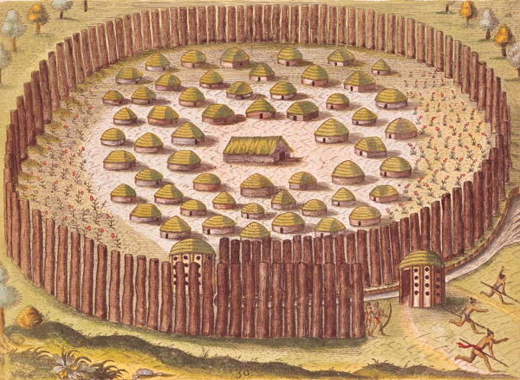Detail of Fortified Indian Village by Th. after Le Moyne J. Bry