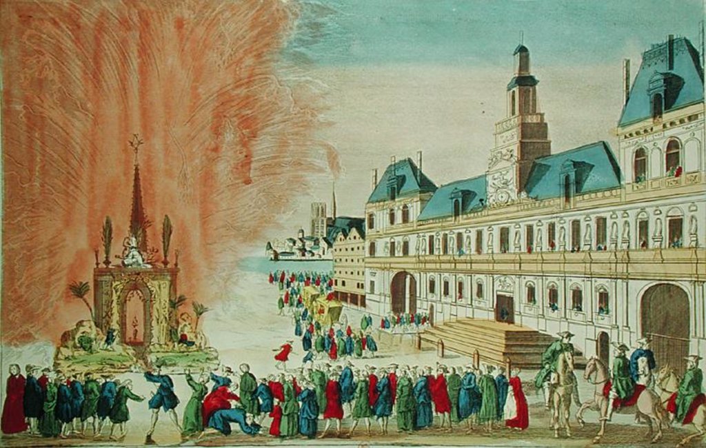Detail of Fireworks in front of the Hotel de Ville in Paris celebrating the Peace of Versailles, 1783 by French School