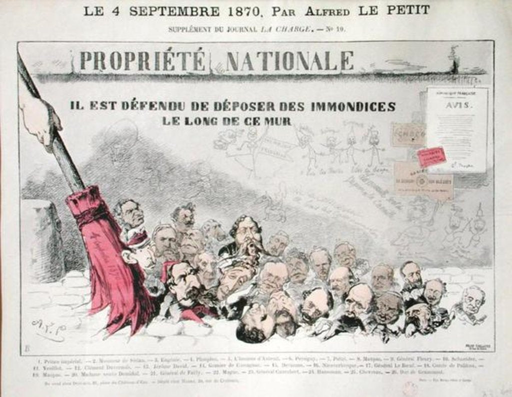 Detail of Defense de deposer des immondices le long de ce mur, caricature of Second Empire politicians by Alfred Le Petit