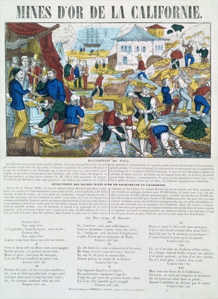 Detail of Illustrated lyric and history sheet for the 'Mines d'Or de la Californie' by French School