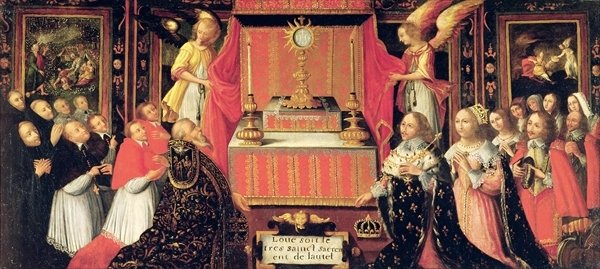 Detail of Louis XIII Anne of Austria Infanta of Spain and Gaston de France Duke of Orleans before the Holy Sacrament by French School