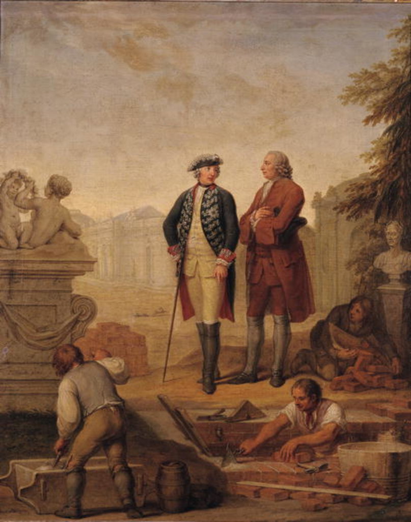 Detail of King Frederick II of Prussia and the Marquis of Argens inspecting the construction of Sanssouci in Potsdam by Johann Christoph Frisch