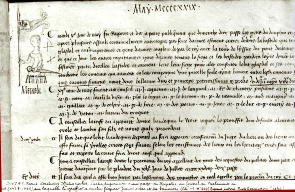 Detail of Page from 'The Register of the Council of the Parliament of Paris' depicting Joan of Arc, 10th May 1429 by French School