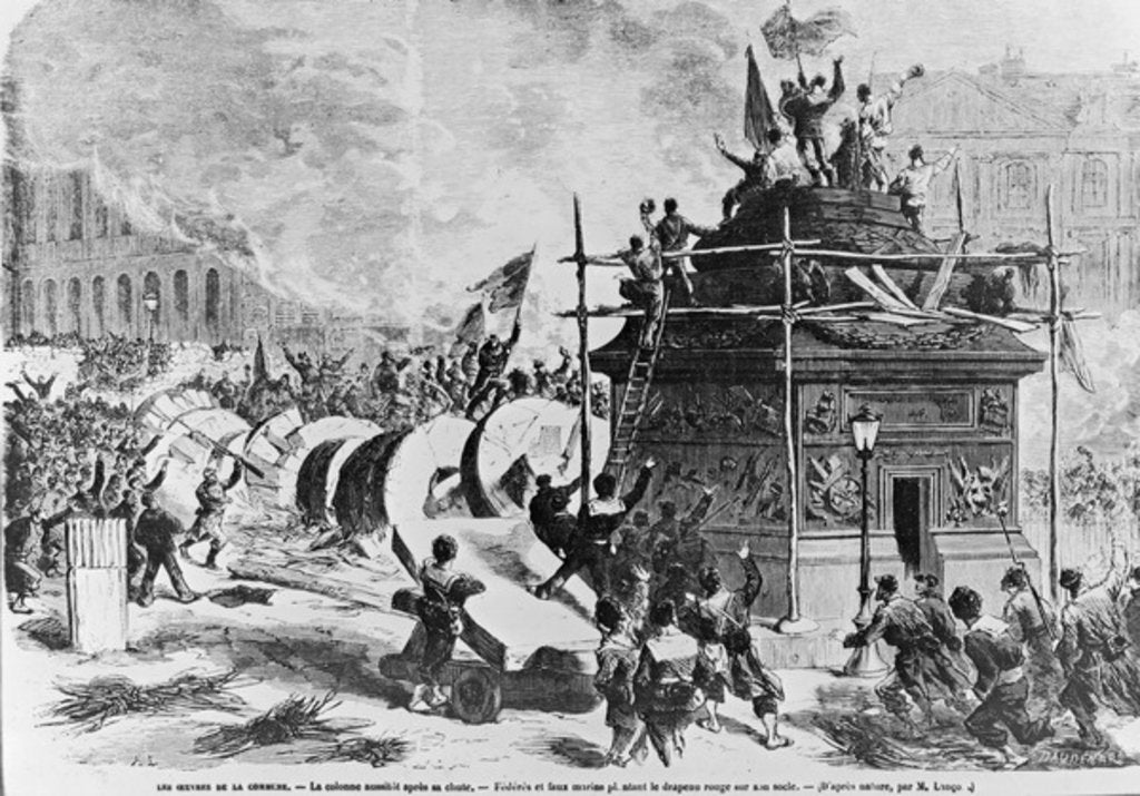 Detail of The Vendome column just after its fall, Federes and fake sailors putting the red flag in the pedestal, 16th May 1871 by Auguste Andre Lancon