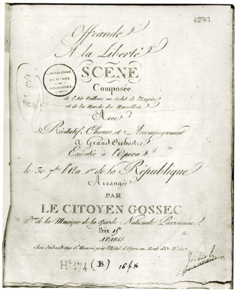 Detail of Cover for the score of 'Offrande a la Liberte' arranged by Francois Joseph Gossec and performed at the Opera 30th September An I, 1792 by French School
