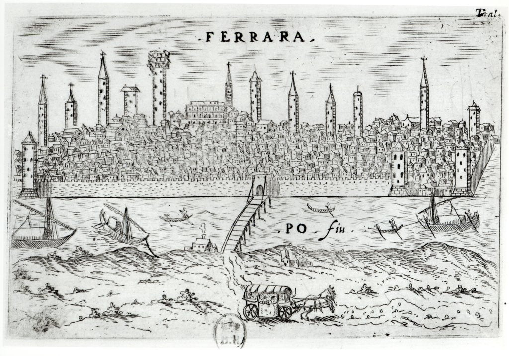 Detail of Panoramic view of Ferrara from the opposite bank of the River Po by Italian School