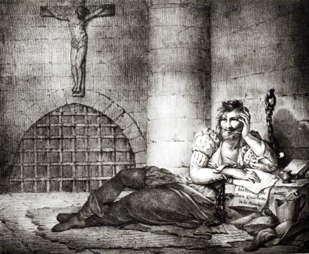 Detail of Miguel de Cervantes Saavedra writing 'Don Quixote' in an Inquisition dungeon by Charles Etienne Pierre Motte