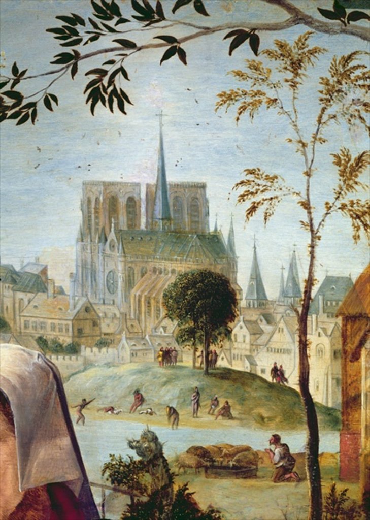 Detail of Shepherd with herd and bathers in the Seine, at the bottom the cathedrale Notre-Dame and the Ile de la Cité by French School