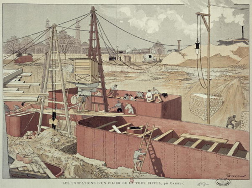 Detail of Laying the Foundations for the Eiffel Tower, 1887 by Eugene Grasset
