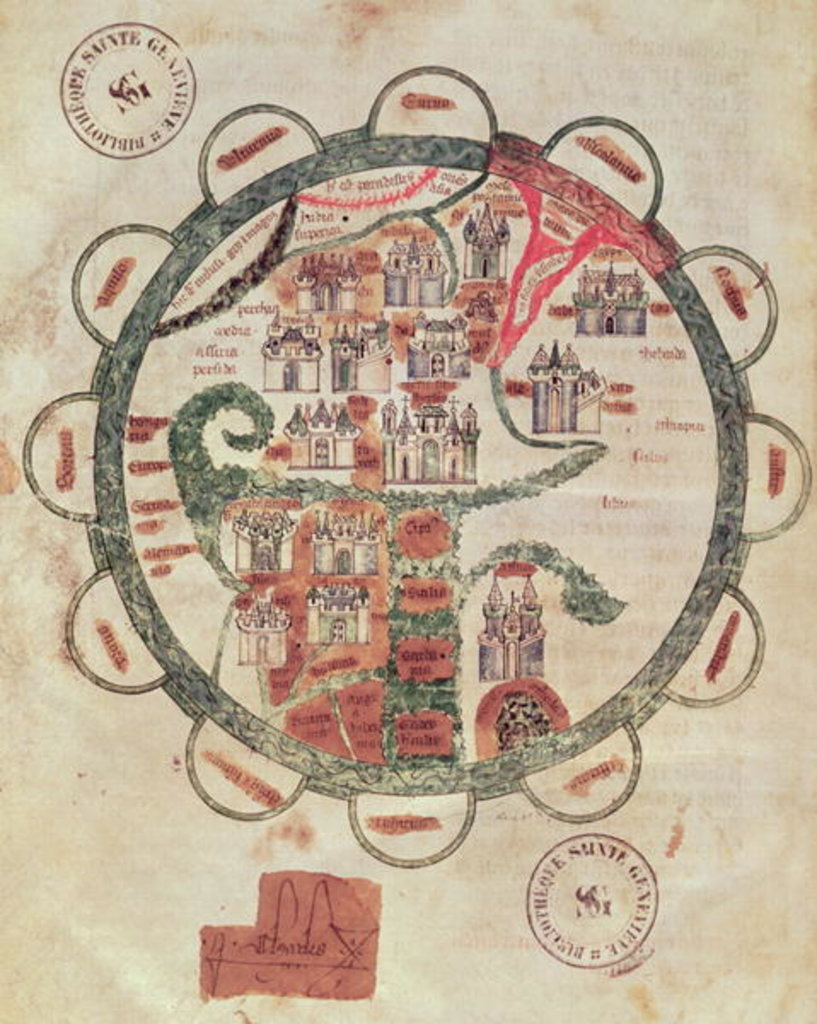 Detail of Ms 782 f.374v World map with Jerusalem in the centre by French School