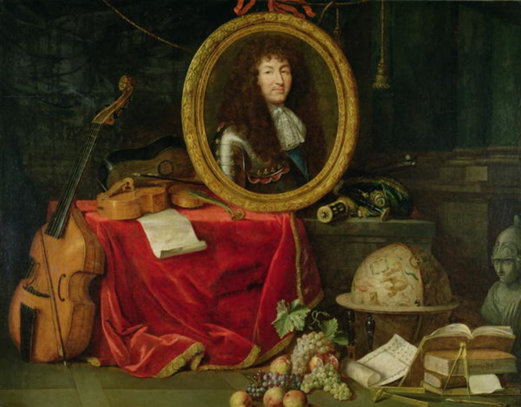 Detail of Still life with portrait of King Louis XIV surrounded by musical instruments, flowers and fruit, 1672 by Jean Garnier