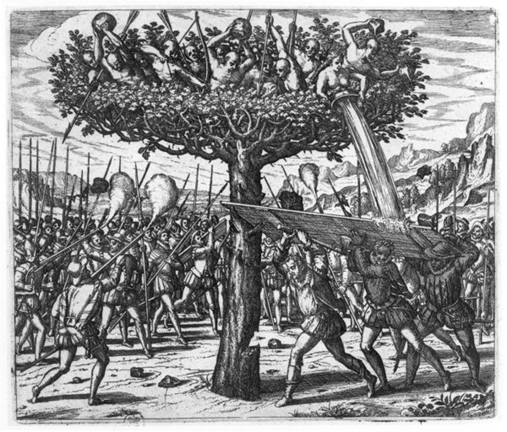 Detail of Indians in a Tree Hurling Projectiles at the Spanish by Theodor de Bry