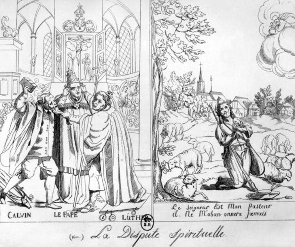 Detail of Caricature depicting a Spiritual Dispute between Pope Leo X Martin Luther and John Calvin 1838 by French School