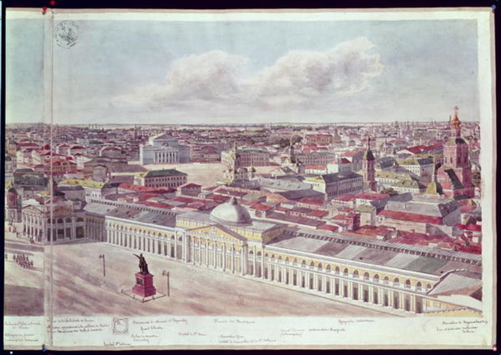 Detail of Panorama of Moscow, depicting the department store 'Gum' and the Bolshoi Theatre in Red Square, 1819 by Gadolle Gadolle