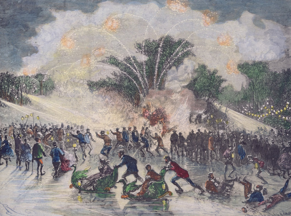 Detail of Ice-skating party at the Bois de Boulogne, Paris by Edouard Riou