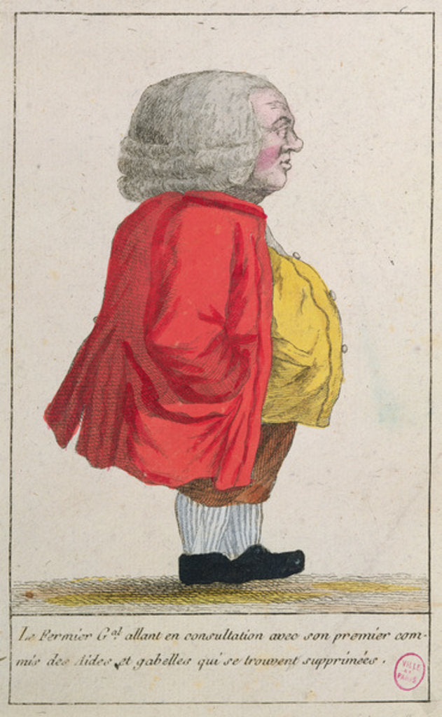 Detail of Caricature depicting the Farmer General going to consult with his chief civil servant in charge of welfare and taxes about their abolition by French School