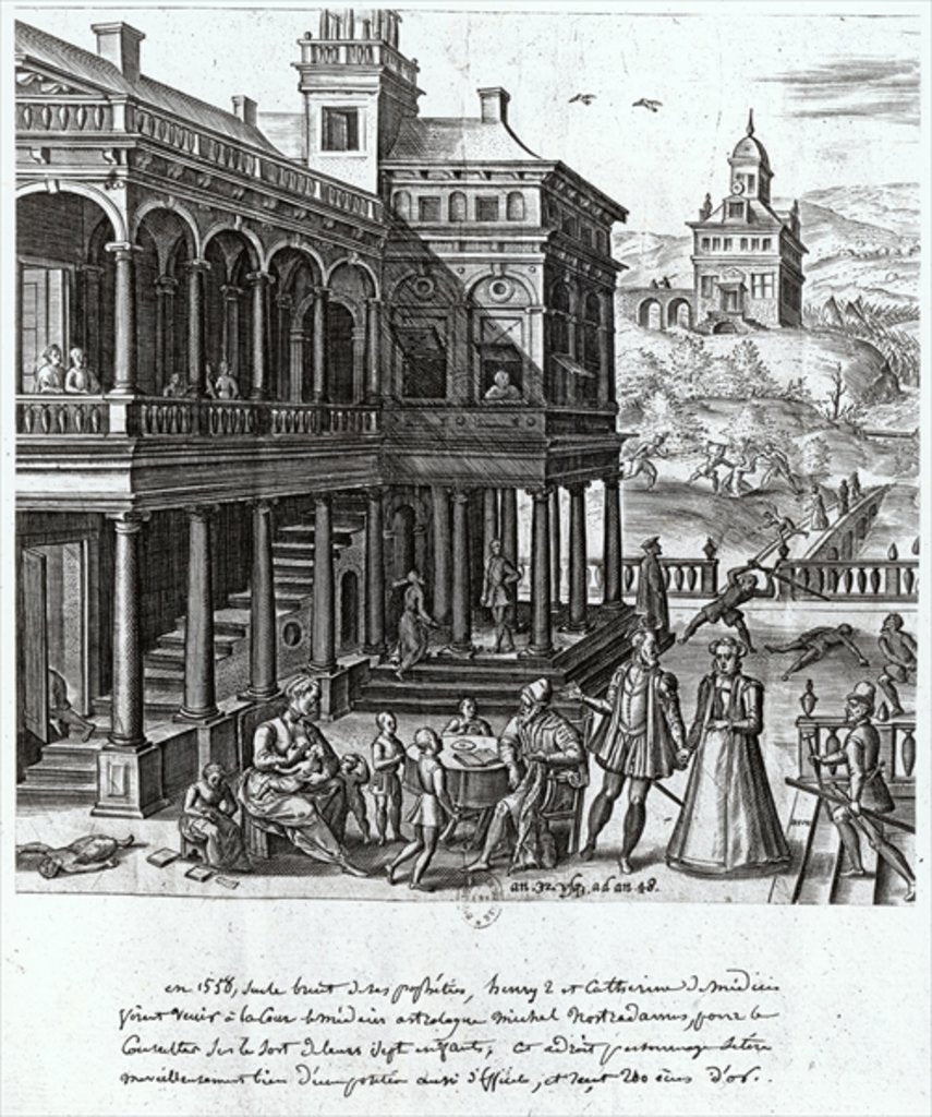 Detail of Michel de Nostradame being consulted on the fate of the seven children of Catherine de Medici and Henri II 1548 by French School