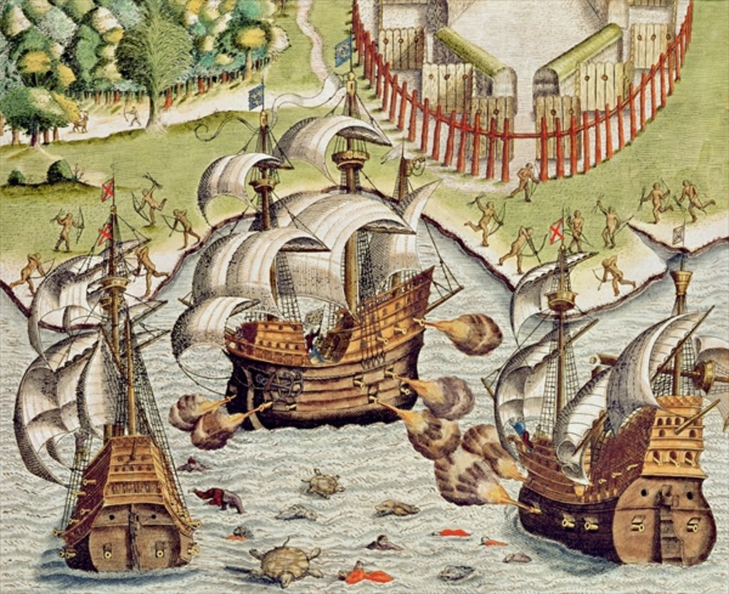 Detail of Naval Battle between the Portuguese and French in the Seas off the Potiguaran Territories by Theodor de Bry